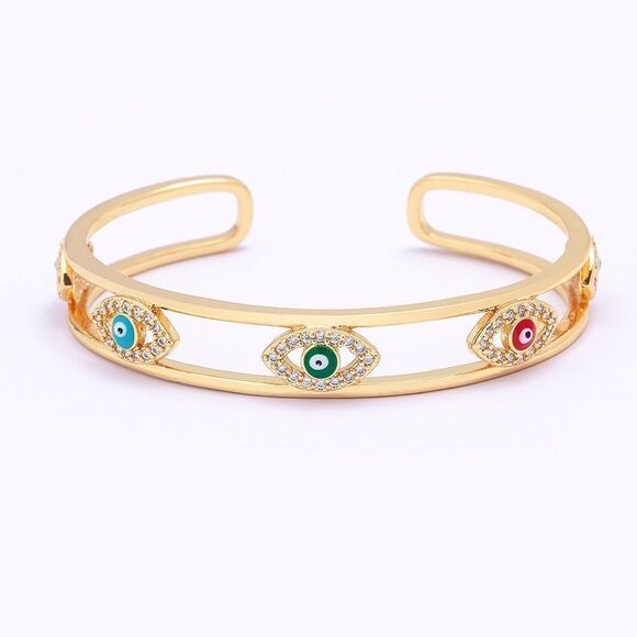 Brand New Gold Evil Eye, Precious Stone Accent Cuff Bracelet - Picture 1 of 6